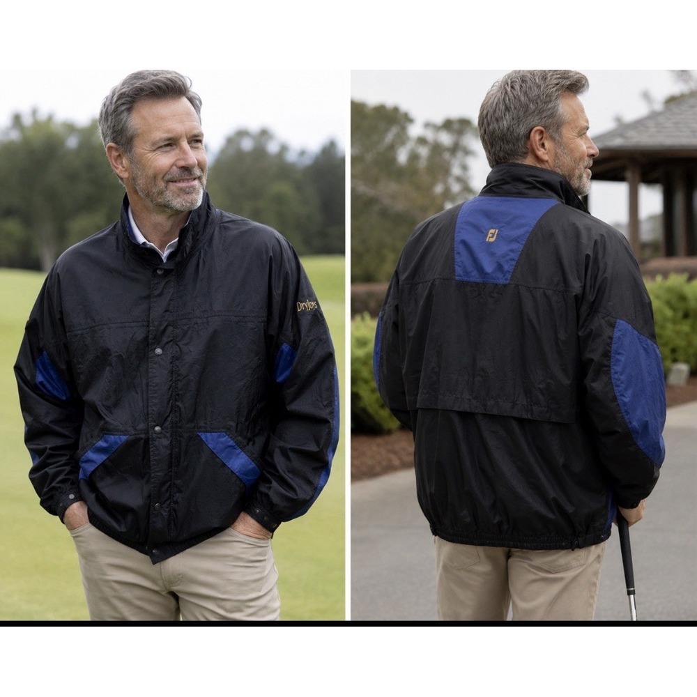 Footjoy Dryjoy Mens‎ XL Full Zip Rain Windbreaker Jacket Blue Black Long Sleeve